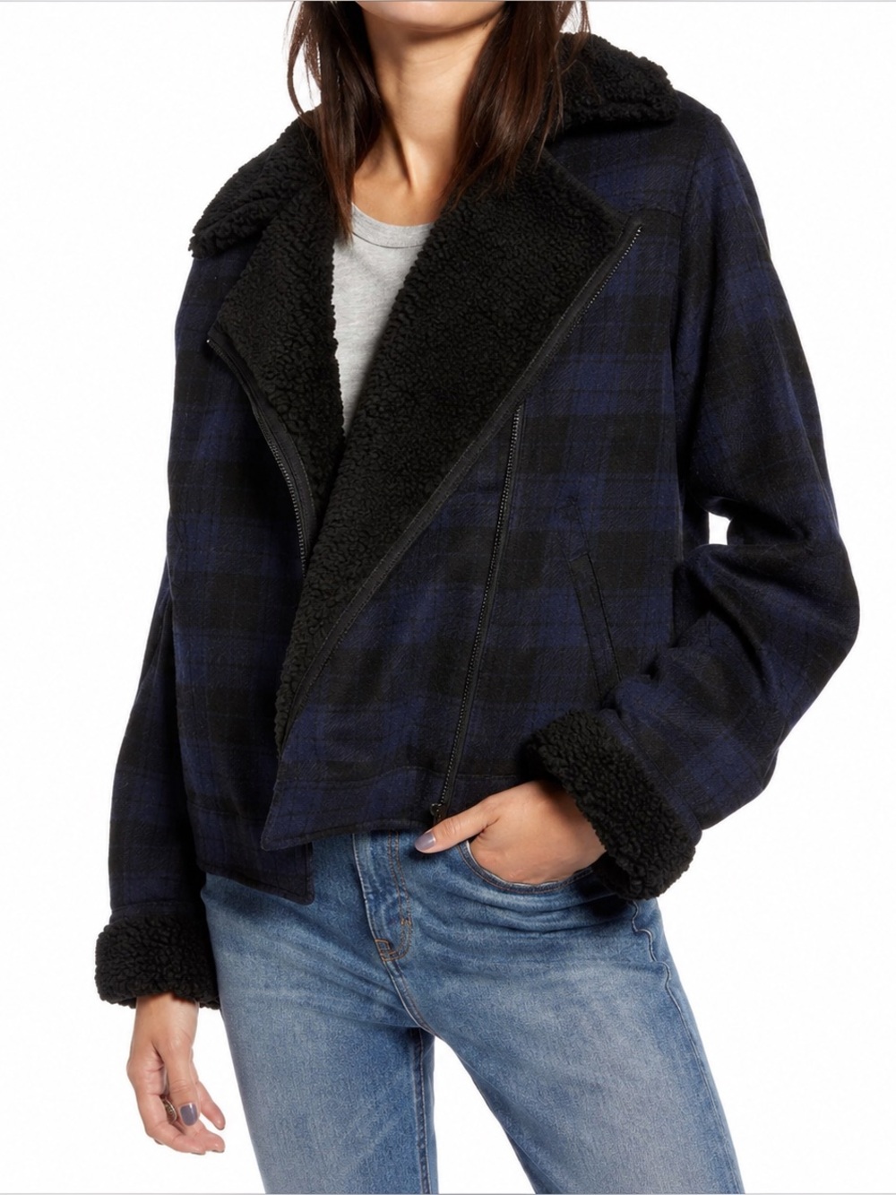 Treasure & Bond Plaid Moto Faux Shearling Jacket
